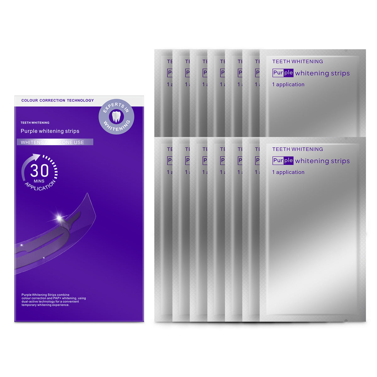 Purple & Silver Teeth Whitening Strips Mint Fresh, Easy Apply
